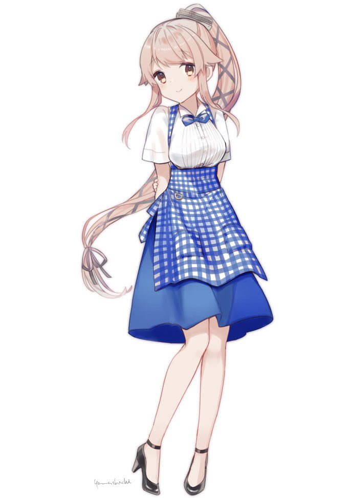 1girl, artist_name, black_footwear, blue_skirt, blush, breasts, buttons, closed_mouth