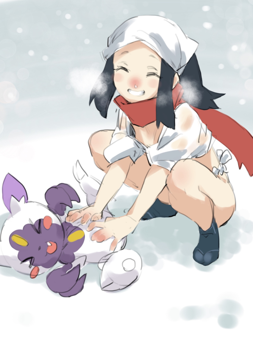 >_<, 1girl, akari_(pokemon), bandana, black_hair, black_legwear, blush, facing_viewer