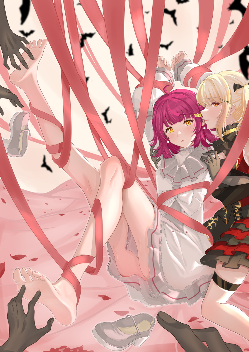 absurdres, ahoge, azusa_zilu, bangs, bare_legs, bat, bdsm, blonde_hair, blunt_bangs, blunt_ends, bondage, bound, dress, hands, highres, love_live!, love_live!_nijigasaki_high_school_idol_club, medium_hair, miyashita_ai, orange_eyes, pink_hair, short_hair, soles, tennouji_rina, thighs, white_dress, yellow_eyes, yuri