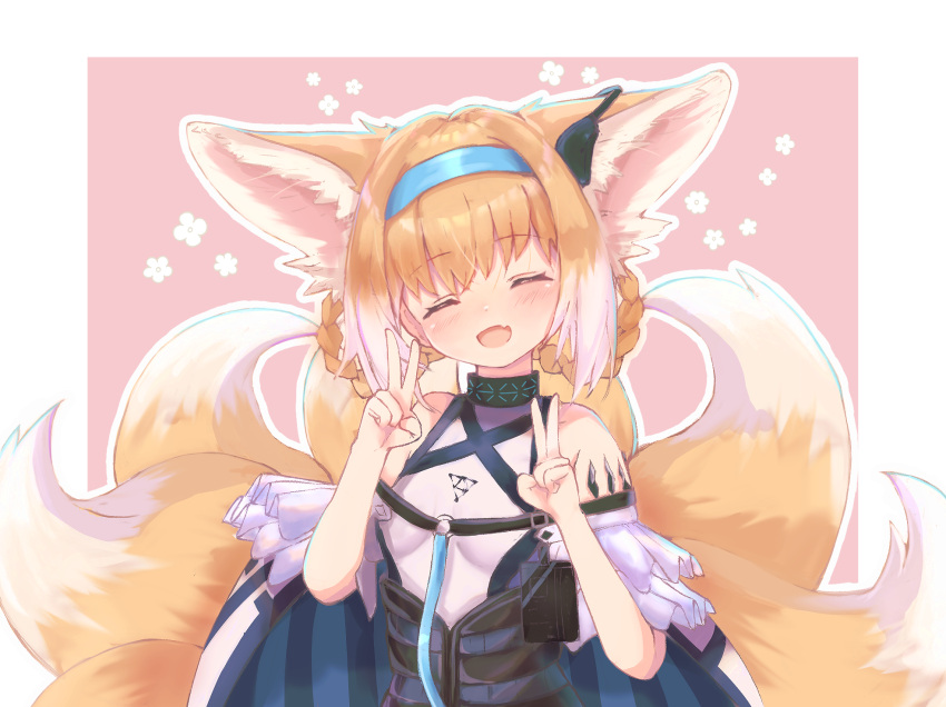 1girl, :d, ^_^, animal_ears, arknights, bangs, bare_shoulders, blue_hairband