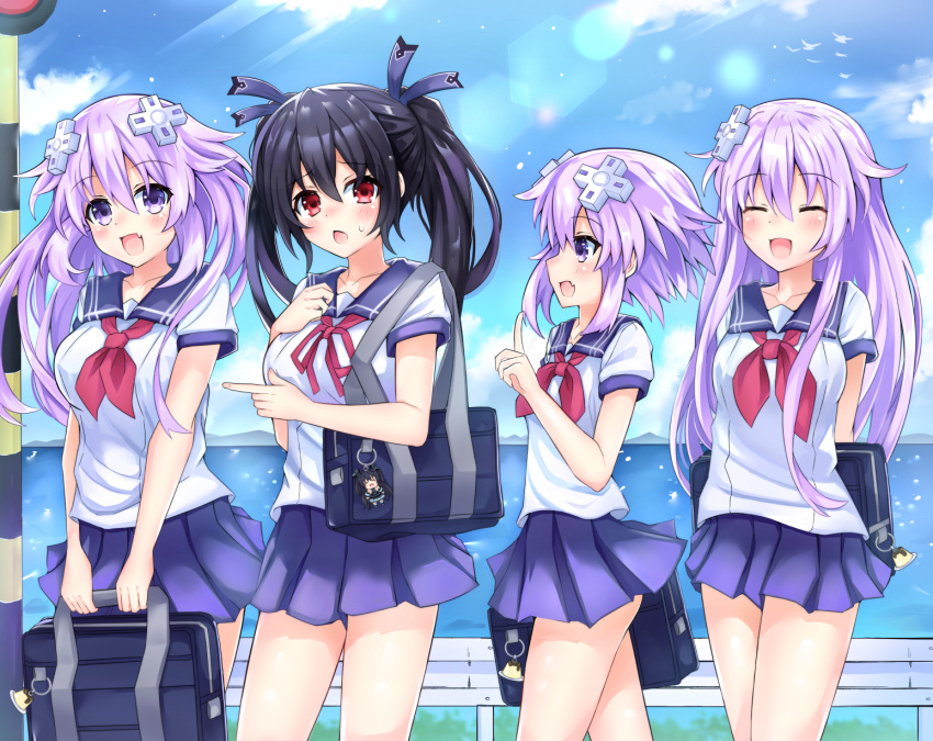 4girls, adult_neptune, black_hair, blush, breasts, collarbone, eyebrows_visible_through_hair, giga-tera