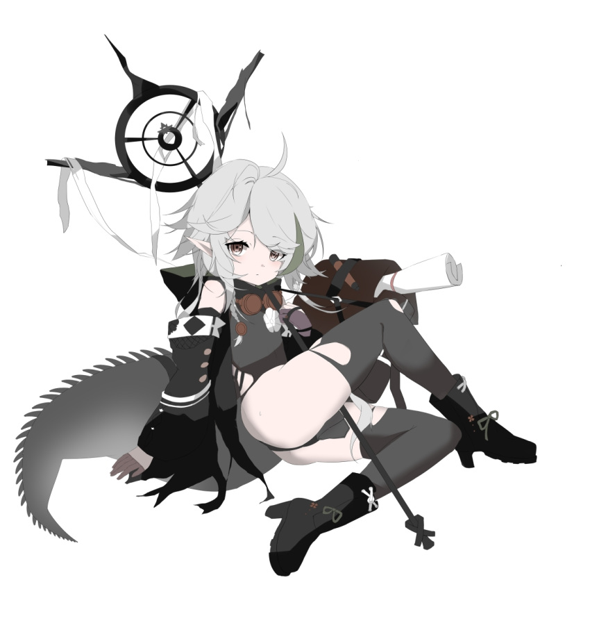 1girl, arknights, ass, bangs, black_footwear, black_jacket, boots, brown_eyes