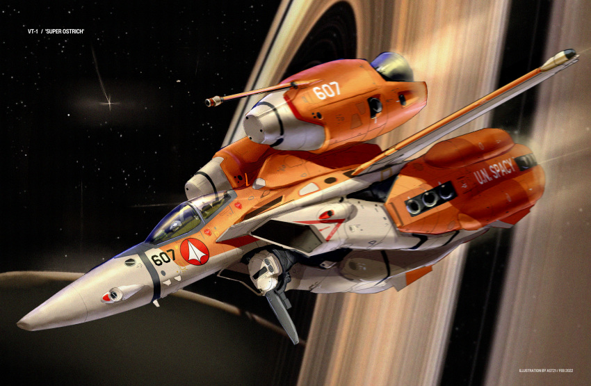 absurdres, aircraft, airplane, asterozoa, character_name, fighter_jet, flying, highres, jet, macross, macross:_do_you_remember_love?, mecha, military, military_vehicle, saturn_(planet), science_fiction, space, thrusters, variable_fighter, vehicle_focus, vt-1, vt-1_super