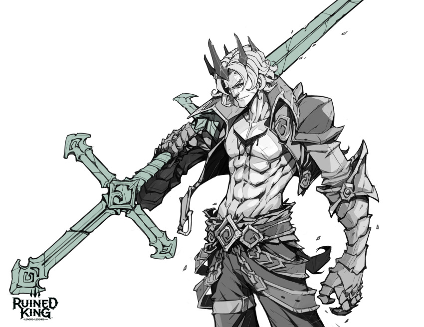 1boy, abs, armor, bangs, belt, black_sclera, blood, closed_mouth