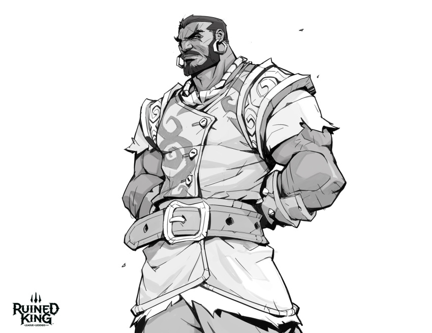 1boy, arms_behind_back, bangs, beard, belt, buttons, character_request, closed_mouth