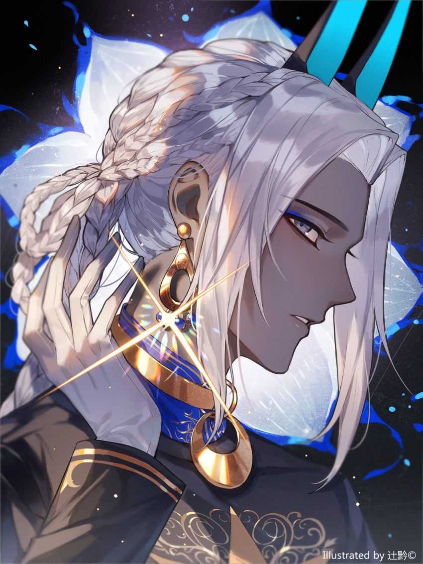 1boy, alternate_hairstyle, arjuna_(fate), arjuna_alter_(fate), arjuna_alter_(festival_outfit)_(fate), braid, dark-skinned_male, dark_skin
