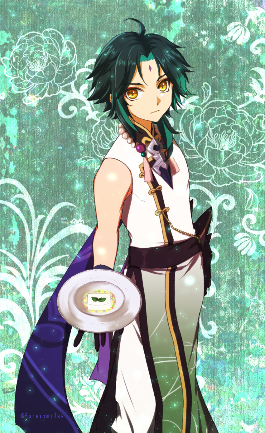 1boy, artist_name, bangs, bare_shoulders, bead_necklace, beads, black_gloves, chinese_clothes, closed_mouth, commentary, expressionless, eyeshadow, floral_print, food, forehead, genshin_impact, gloves, gold_trim, green_background, green_hair, highres, holding, holding_plate, jewelry, looking_at_viewer, makeup, male_focus, medium_hair, miru_morinaga, necklace, outstretched_hand, parted_bangs, plate, purple_sash, sash, sleeveless, solo, standing, tofu, v-shaped_eyebrows, xiao_(genshin_impact), yellow_eyes