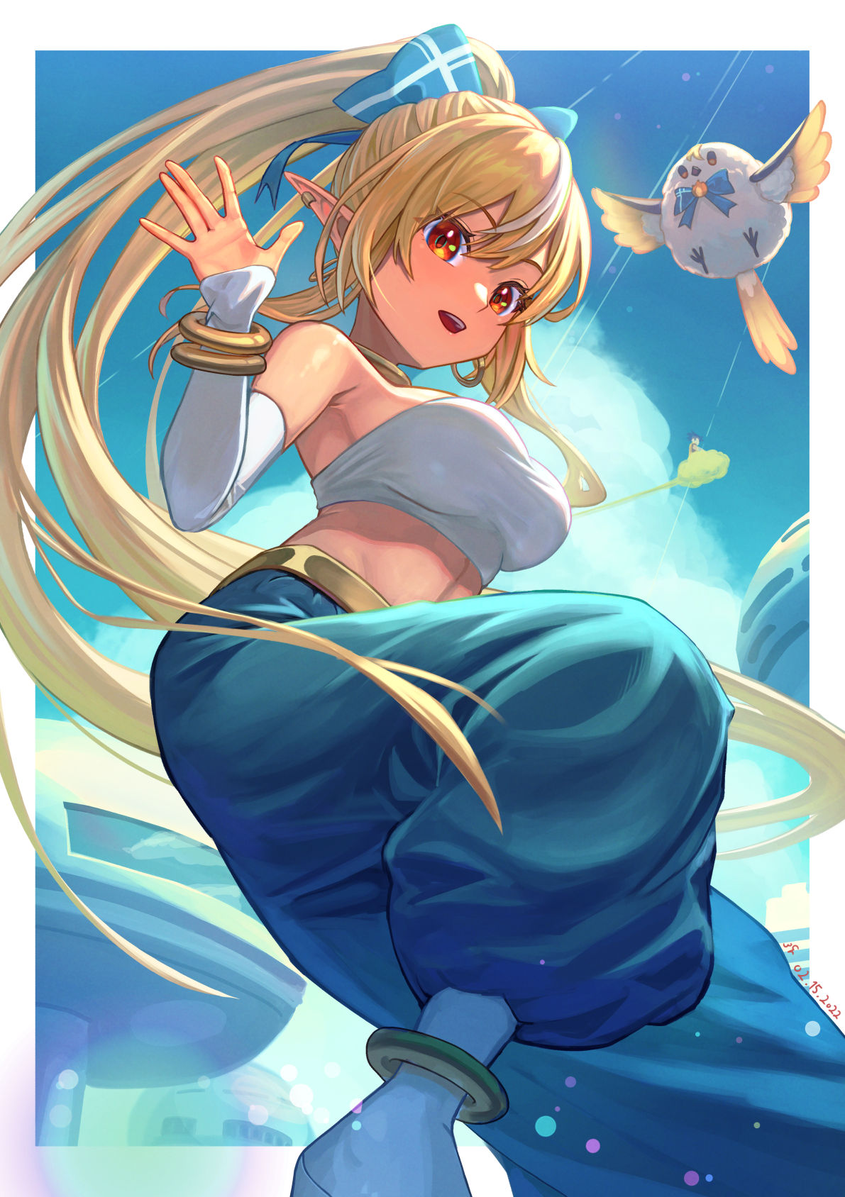android_21, blonde_hair, blue_pants, border, cosplay, detached_sleeves, dragon_ball, dragon_ball_fighterz, elf, elfriend_(shiranui_flare), feet_out_of_frame, from_below, harem_pants, high_ponytail, highres, hololive, long_hair, looking_at_viewer, majin_android_21, majin_android_21_(cosplay), midriff, multicolored_hair, outside_border, pants, pointy_ears, sakumichi, shiranui_flare, strapless, streaked_hair, tube_top, very_long_hair, waving, white_border, white_hair, white_sleeves, white_tube_top