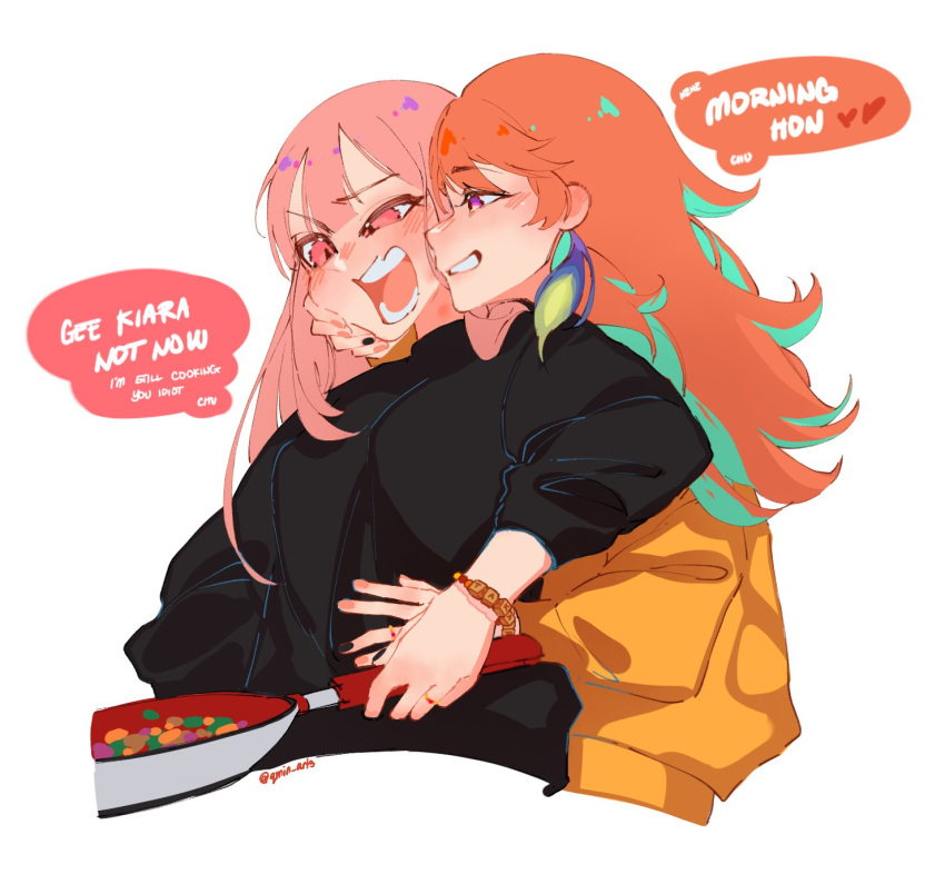 2girls, blush, bracelet, couple, earrings, eyebrows_visible_through_hair, feather_earrings, feathers