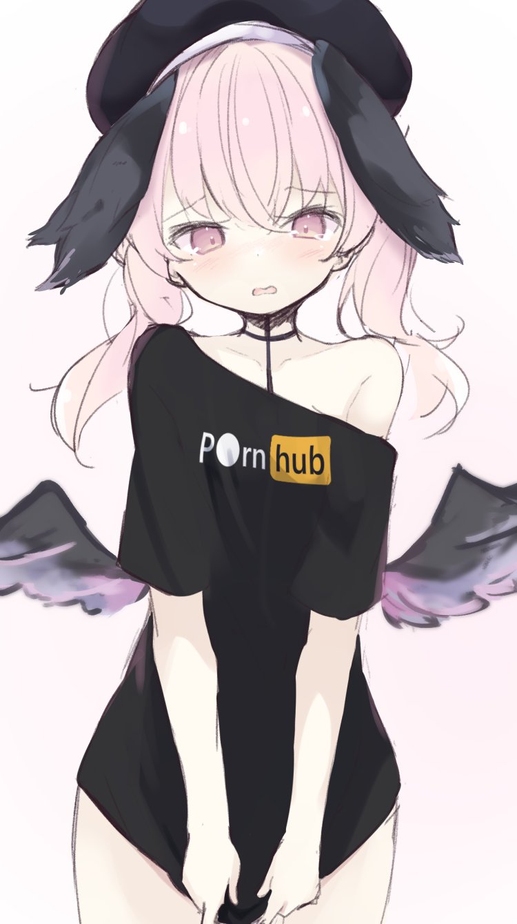 1girl, black_shirt, blue_archive, clothes_writing, collarbone, hair_between_eyes, hat, highres, koharu_(blue_archive), kyuukon_(qkonsan), long_hair, open_mouth, pink_hair, pornhub, shirt, shirt_tug, simple_background, solo, t-shirt, twintails, violet_eyes, winged_hat, wings