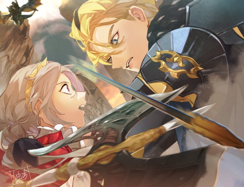 1girl, 2boys, armor, arrow_(projectile), battle, blonde_hair, blue_eyes, bow_(weapon)