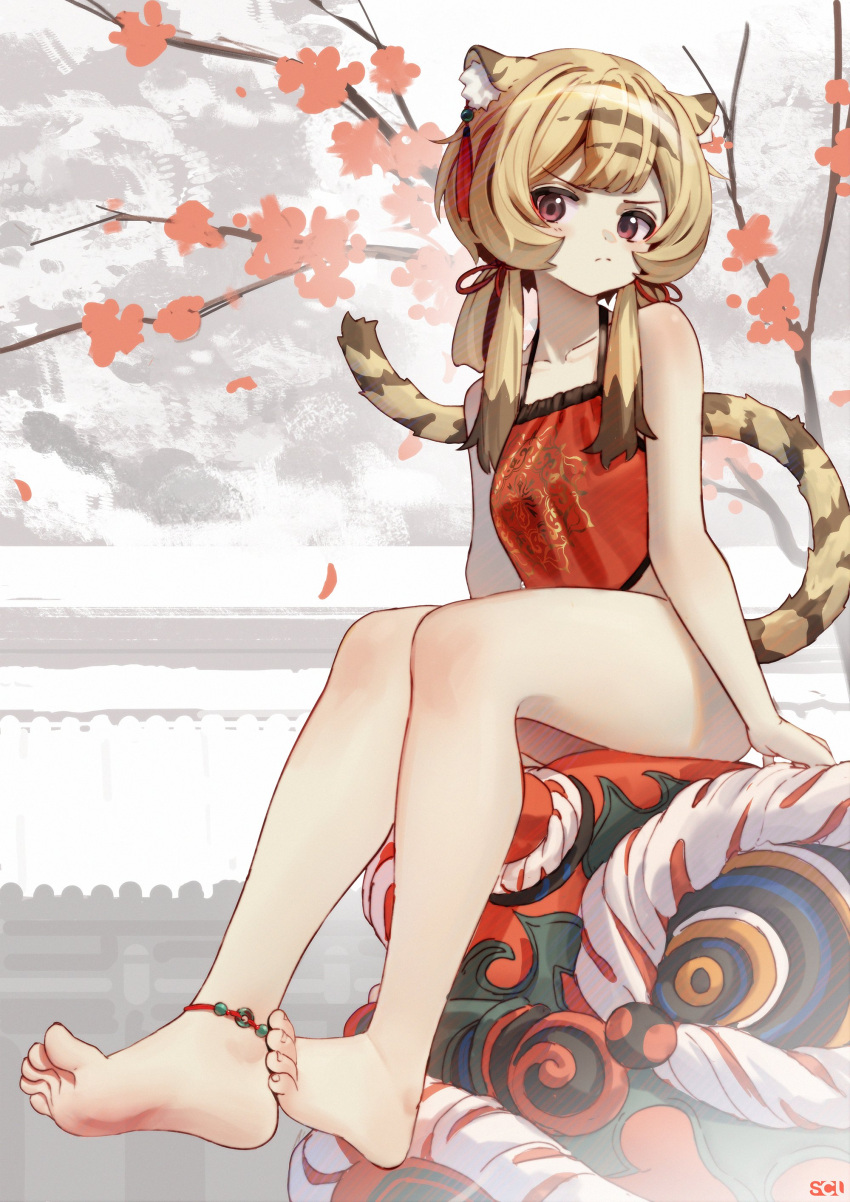 1girl, absurdres, animal_ears, ankleband, arknights, barefoot, blonde_hair, bottomless, brown_hair, collarbone, du_(arknights), ear_ornament, full_body, hair_ribbon, highres, looking_at_viewer, multicolored_hair, red_eyes, red_shirt, ribbon, scowl, shirt, sitting, solo, songchuan_li, streaked_hair, tail, tiger_ears, tiger_girl, tiger_tail, tree, v-shaped_eyebrows