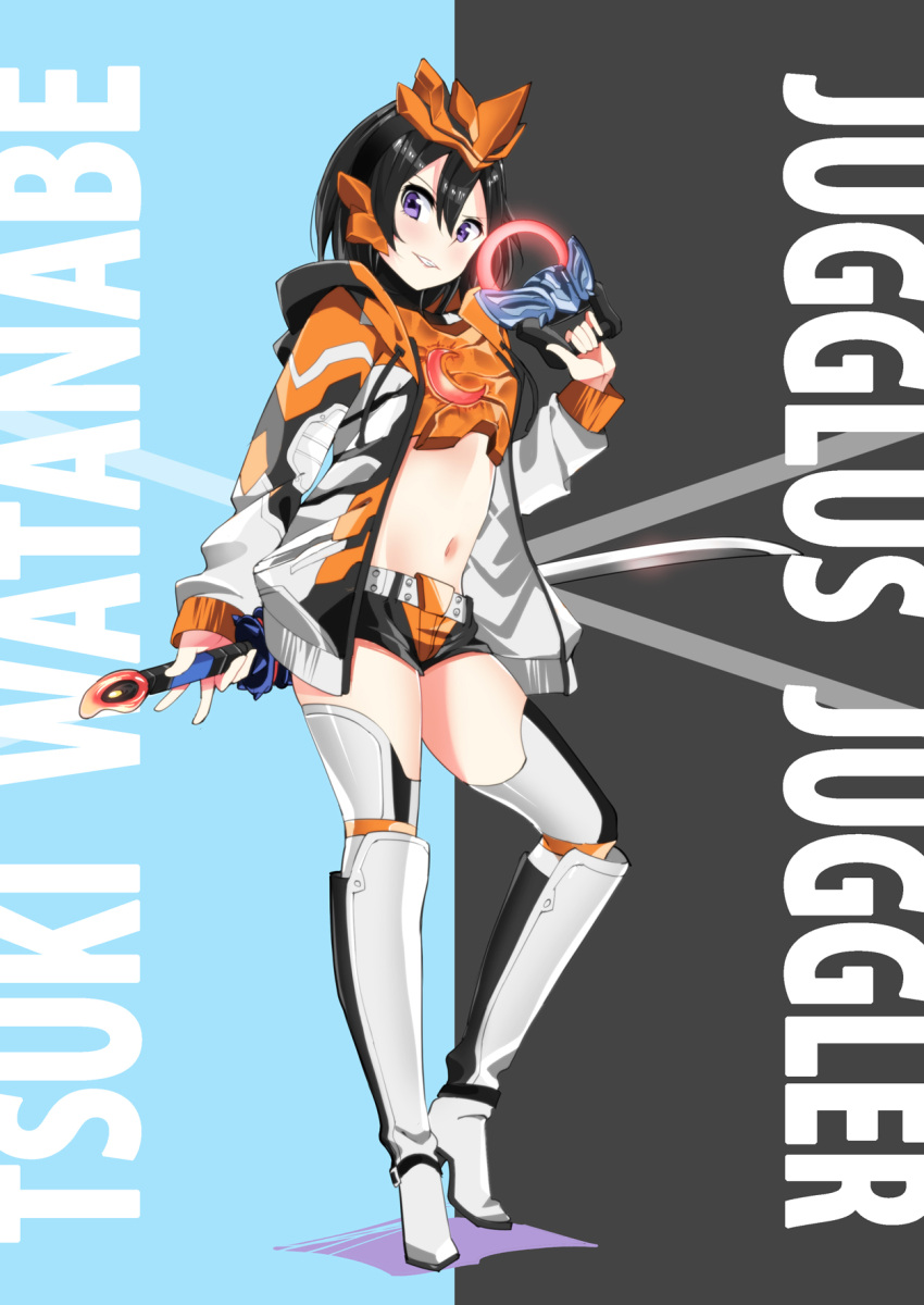 1girl, armor, bangs, belt, black_background, black_hair, blush, boots, character_name, cosplay, crossover, english_text, full_body, grey_footwear, grey_legwear, grin, headphones, high_heel_boots, high_heels, highres, jacket, jugglus_juggler, jugglus_juggler_(cosplay), katana, light_blue_background, looking_at_viewer, love_live!, love_live!_sunshine!!, midriff, navel, sasanon_(sasapoliton), shiny, shiny_hair, short_hair, short_shorts, shorts, sidelocks, smile, standing, sword, thigh-highs, two-tone_background, ultra_series, ultraman_orb_(series), violet_eyes, watanabe_tsuki, weapon