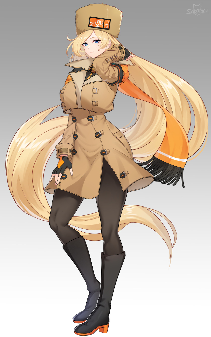 1girl, absurdres, black_footwear, black_gloves, black_legwear, blonde_hair, blue_eyes, boots