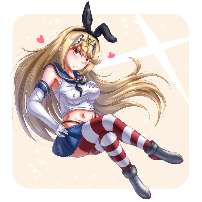 1girl, bangs, black_hairband, black_panties, blonde_hair, blue_skirt, blush, cosplay