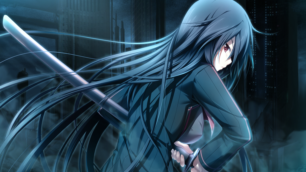 1girl, bangs, black_hair, black_jacket, breasts, closed_mouth, floating_hair, game_cg