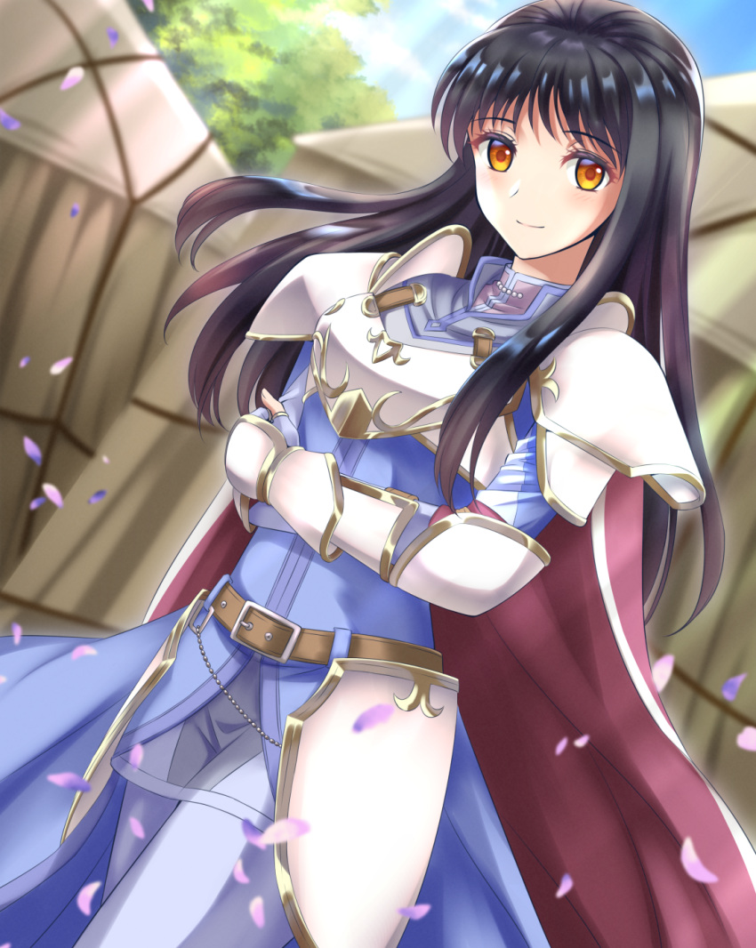 1girl, armor, astrid_(fire_emblem), black_hair, blue_coat, blue_gloves, breastplate, cape, closed_mouth, coat, cowboy_shot, crossed_arms, day, dutch_angle, faulds, fingerless_gloves, fire_emblem, fire_emblem:_radiant_dawn, floating_hair, gloves, highres, kakiko210, long_hair, looking_at_viewer, outdoors, pants, petals, red_cape, shiny, shiny_hair, shoulder_armor, smile, solo, standing, straight_hair, tent, waist_cape, white_pants, yellow_eyes