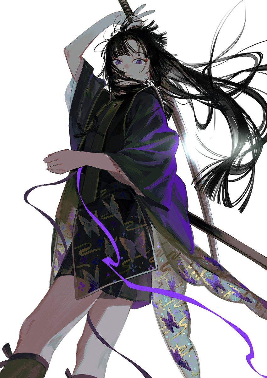 1boy, absurdres, animal_print, arm_up, bangs, between_legs, black_hair, black_legwear, black_shorts, blunt_bangs, blunt_ends, butterfly_print, commentary, feet_out_of_frame, from_below, from_side, hair_over_mouth, highres, holding, holding_sword, holding_weapon, japanese_clothes, katana, kazari_tayu, kneehighs, light_particles, long_hair, long_sleeves, looking_at_viewer, looking_down, male_focus, original, ponytail, purple_ribbon, ribbon, scabbard, see-through, sheath, shorts, sidelocks, simple_background, solo, standing, straight_hair, sword, unsheathed, very_long_hair, violet_eyes, weapon, white_background