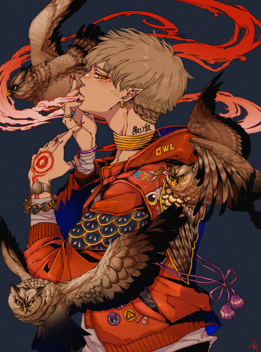 1boy, absurdres, bandages, bird, blonde_hair, blue_background, earrings, highres