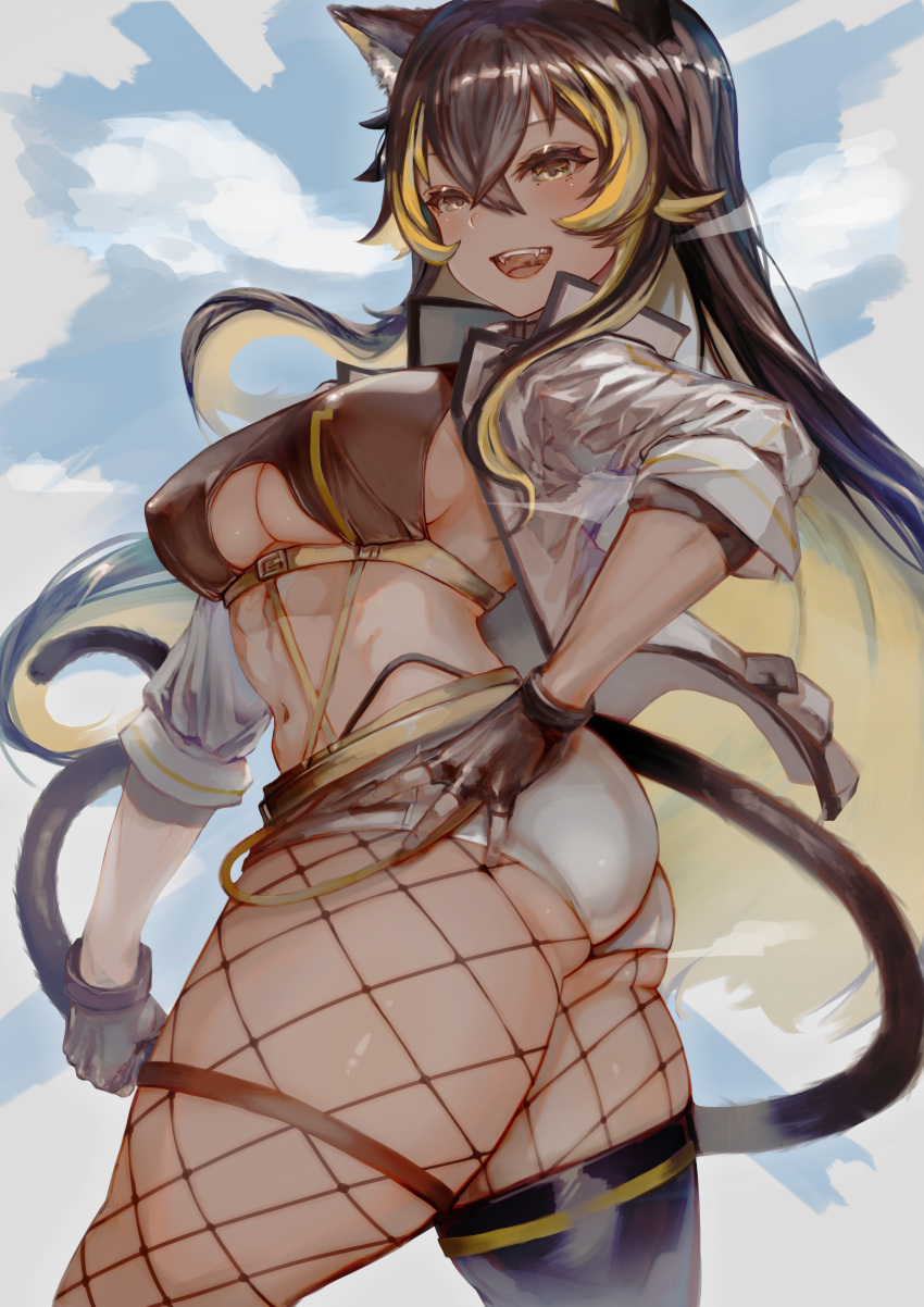 1girl, abs, absurdres, animal_ear_fluff, animal_ears, ass, black_gloves, black_hair