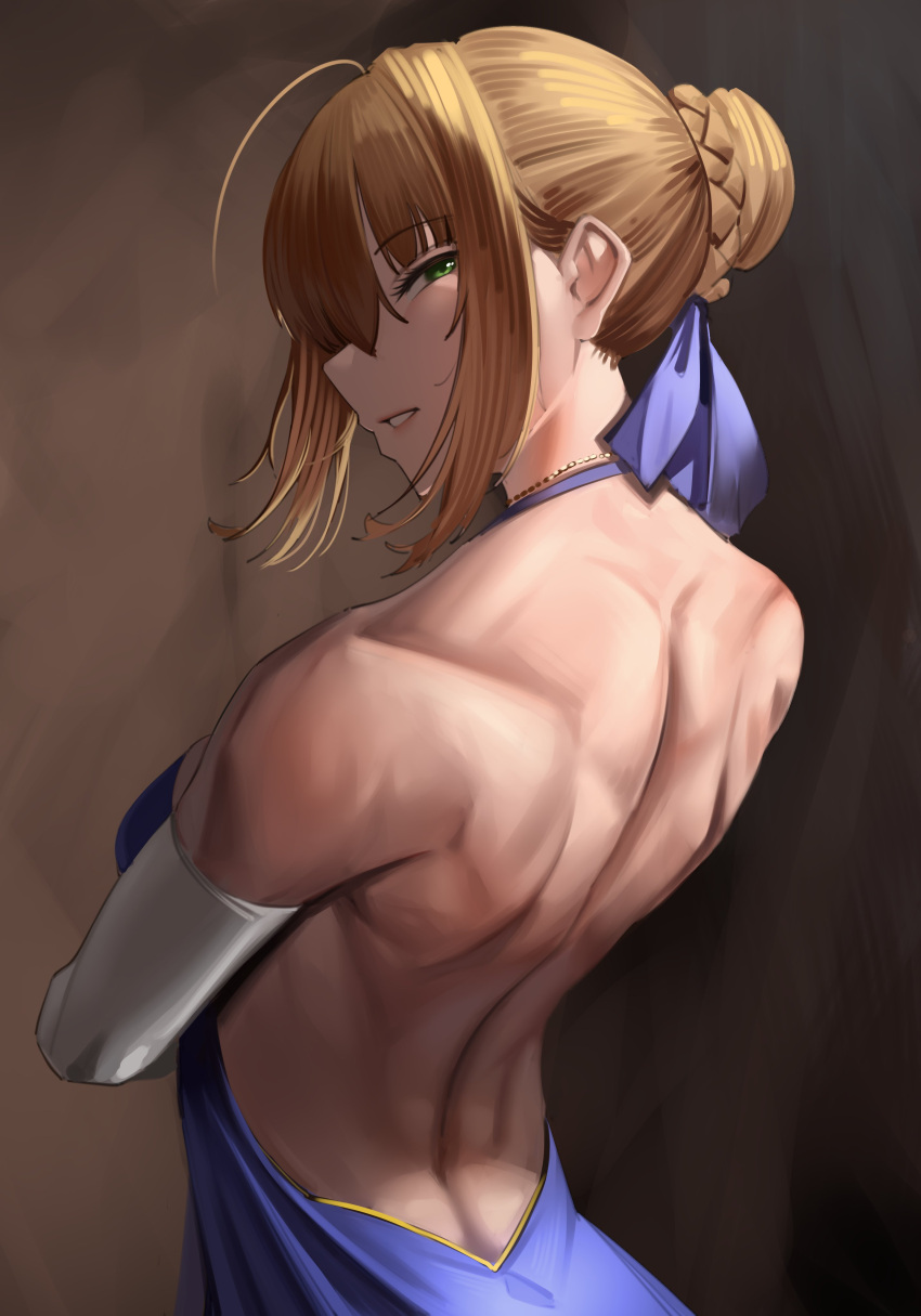 1girl, absurdres, ahoge, artoria_pendragon_(fate), back, backless_dress, backless_outfit, bare_shoulders