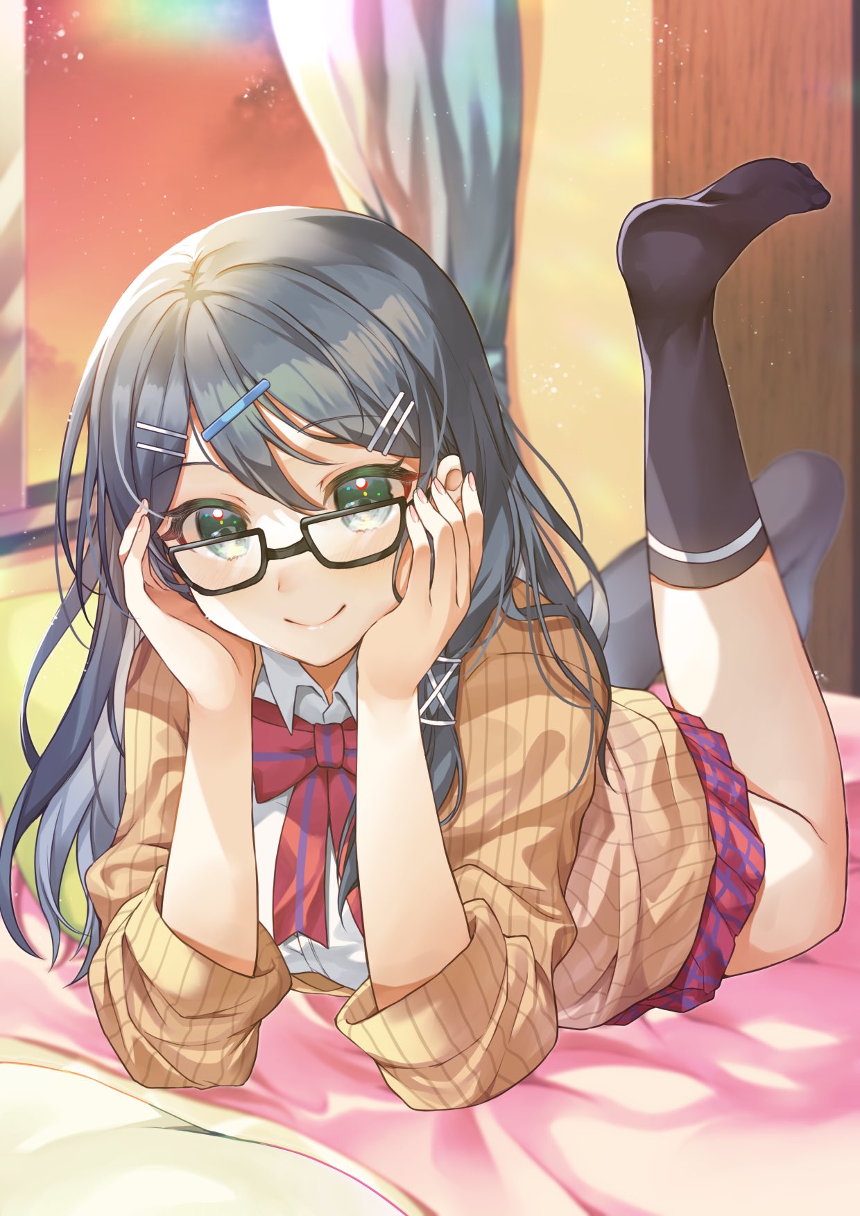 1girl, adjusting_eyewear, black-framed_eyewear, black_footwear, blue_hair, bow, closed_mouth, collared_shirt