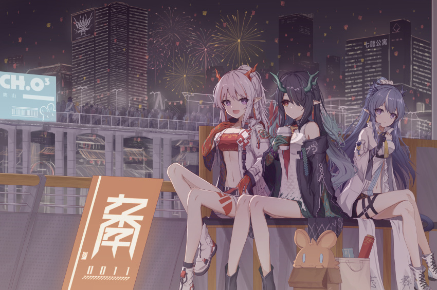 3girls, 9malefi9, :d, absurdres, arknights, bandeau, bangs, bare_legs, black_coat, blue_hair, city, coat, commentary_request, crowd, dress, dusk_(arknights), fireworks, great_lungmen_logo, highres, horns, ling_(arknights), long_hair, looking_at_viewer, midriff, multiple_girls, navel, nian_(arknights), off_shoulder, open_clothes, open_coat, outdoors, pointy_ears, shoes, siblings, silver_hair, sisters, sleeveless, sleeveless_dress, smile, stomach, strapless, tube_top, violet_eyes, white_coat, white_dress, white_footwear