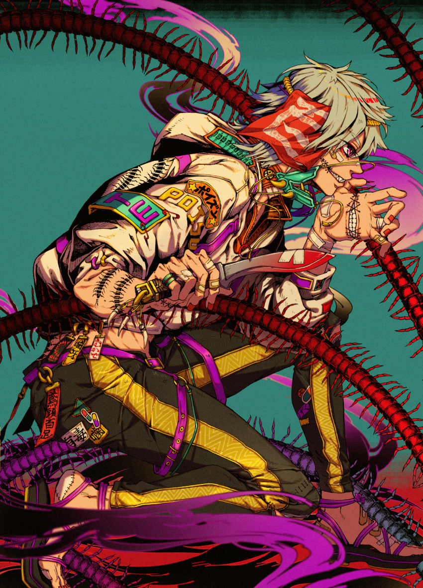 1boy, absurdres, black_pants, bug, centipede, combat_knife, dagger, grey_hair, highres, holding, holding_knife, iririmari, jacket, knife, original, pants, sharp_teeth, short_hair, smile, solo, sunrise, teeth, traditional_media, weapon, white_jacket