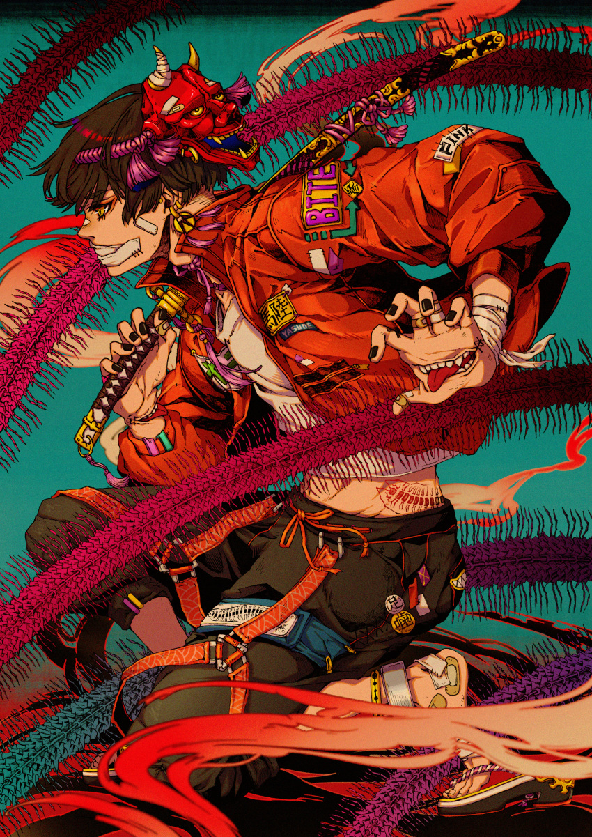 1boy, absurdres, black_hair, black_nails, bug, green_background, hand_mouth, highres