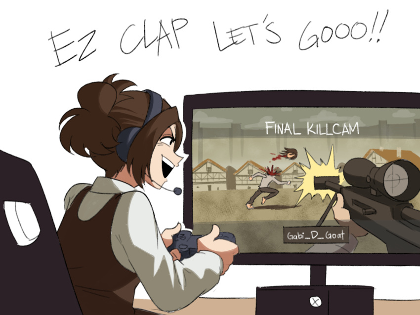 1girl, brown_hair, controller, disembodied_head, english_text, eren_yeager, gabi_braun, game_console
