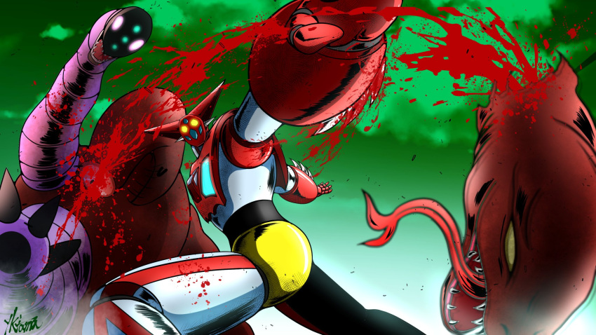 blood, clouds, getter-1, getter_robo, getter_robo_(1st_series), glowing, glowing_eyes, highres