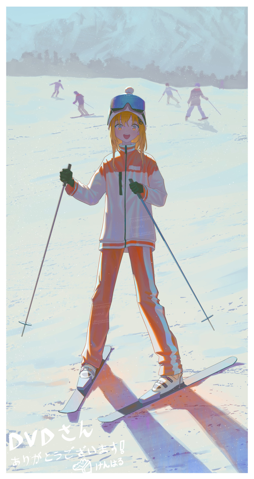 1girl, 4boys, absurdres, bangs, beanie, border, commentary, commission