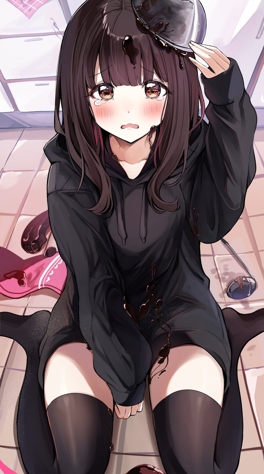 1girl, absurdres, bangs, between_legs, black_hoodie, black_legwear, blunt_bangs, blush, bowl, brown_hair, chocolate, chocolate_on_clothes, chocolate_on_head, commentary_request, crying, drawer, drawstring, eyebrows_visible_through_hair, from_above, hand_between_legs, highres, hood, hood_down, hoodie, kitchen, ladle, long_hair, long_sleeves, looking_at_viewer, messy, nanase_kurumi_(menhera-chan), no_shoes, on_floor, open_mouth, original, puffy_long_sleeves, puffy_sleeves, sak_(lemondisk), sidelocks, sitting, solo, spill, thigh-highs, towel, wariza, yellow_eyes