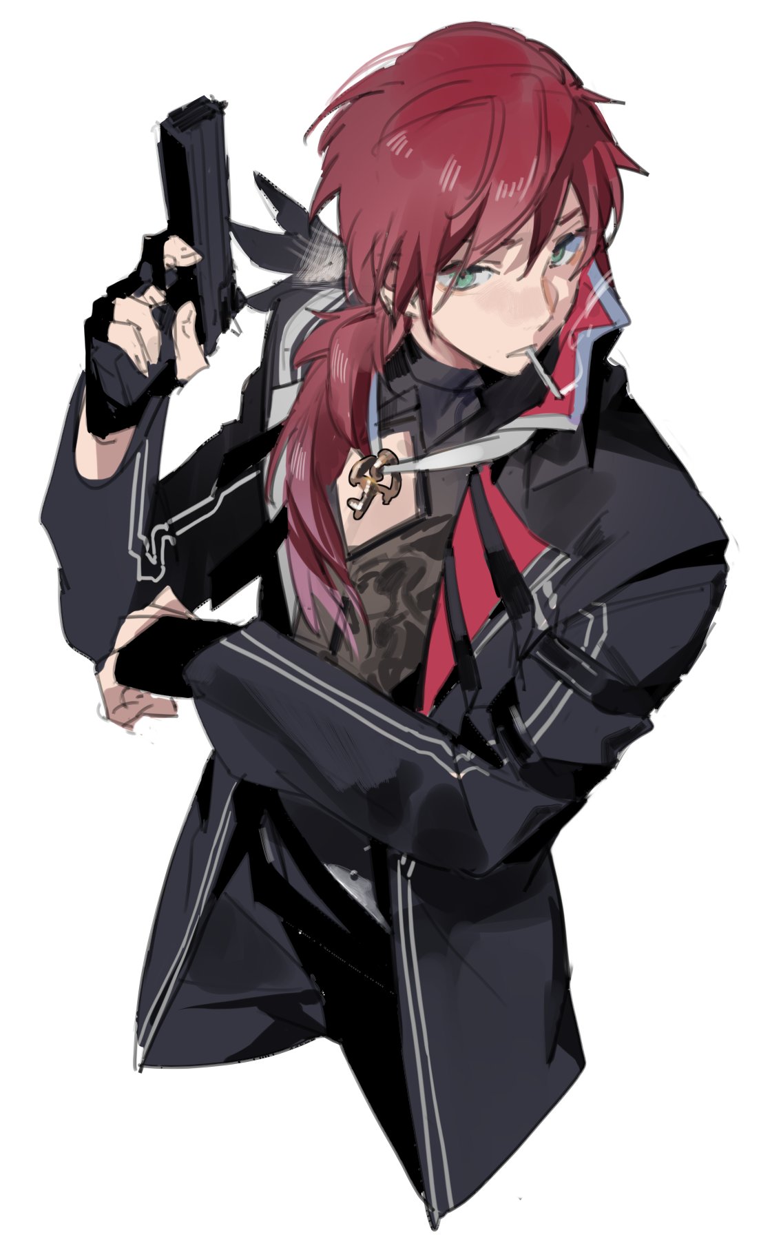 1boy, black_jacket, black_pants, black_shirt, bokyo, cigarette, cleavage_cutout, clothing_cutout