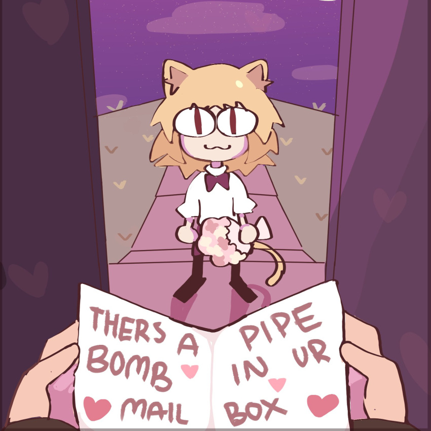 1girl, :3, animal_ears, blonde_hair, bouquet, bow, bowtie, card