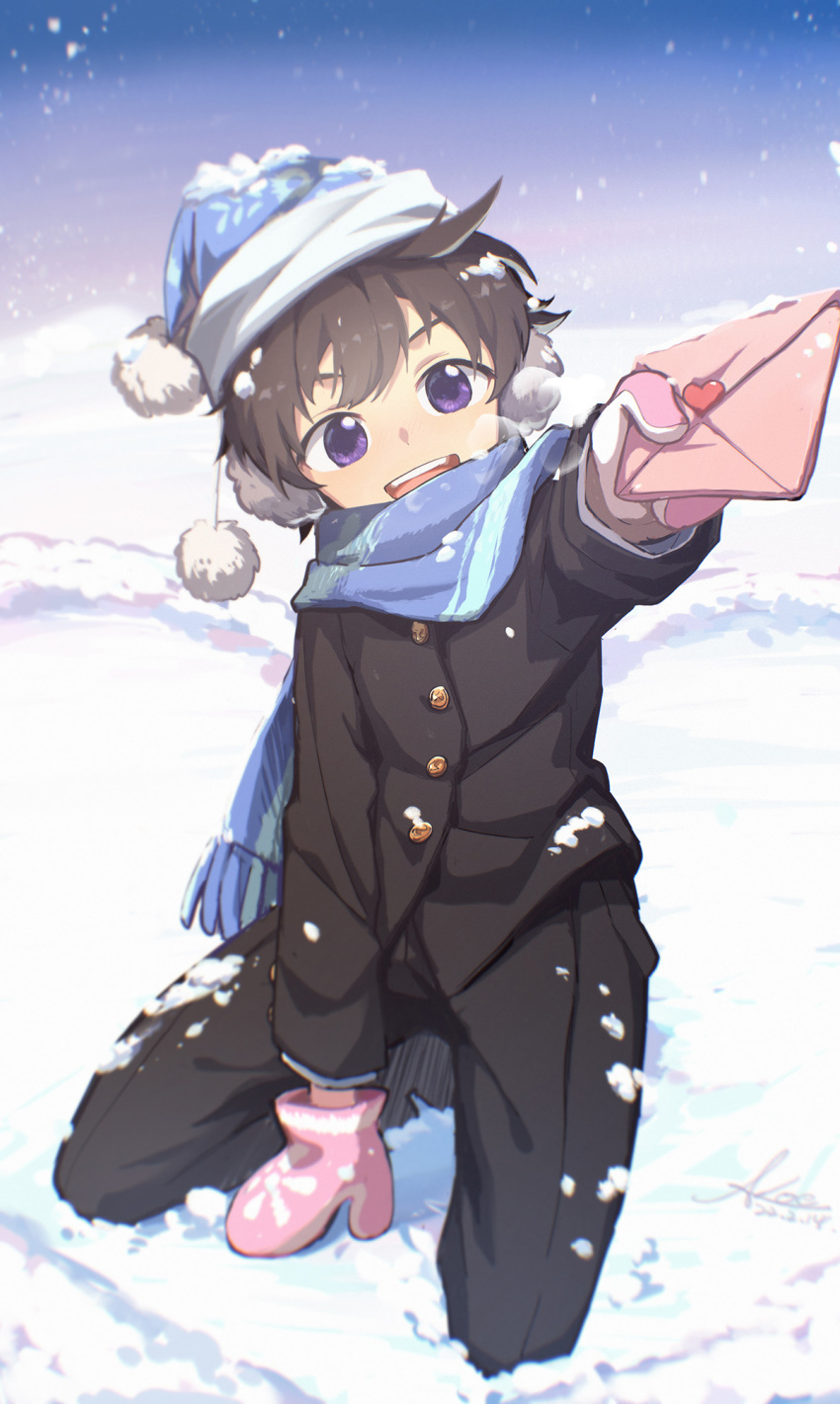 brown_hair, cold, commentary_request, heart, highres, koe_(mixpi), letter, looking_at_viewer