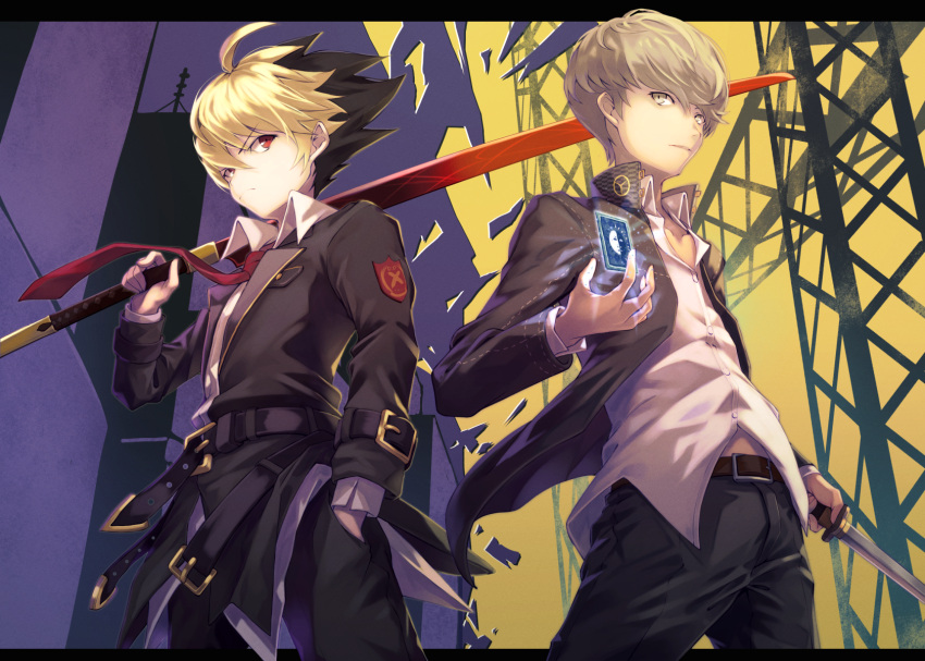 2boys, belt, black_jacket, blazblue, blazblue:_cross_tag_battle, buttons, card, collared_shirt