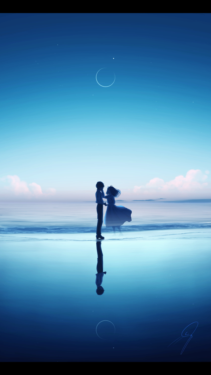 1boy, 1girl, absurdres, clouds, commentary, dress, fantasy, floating