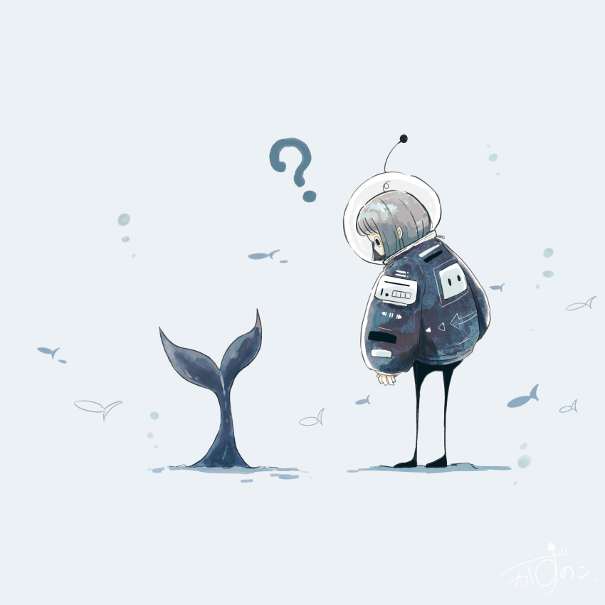 1girl, ?, absurdres, black_eyes, blue_theme, brown_hair, commentary, diving
