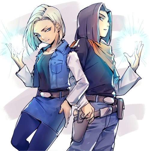 1boy, 1girl, android_17, android_18, belt, black_hair, blonde_hair, blue_eyes