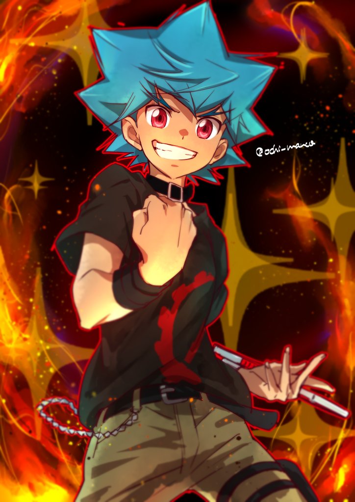 1boy, black_shirt, blue_hair, cargo_pants, casual, chain, choker, clenched_hand