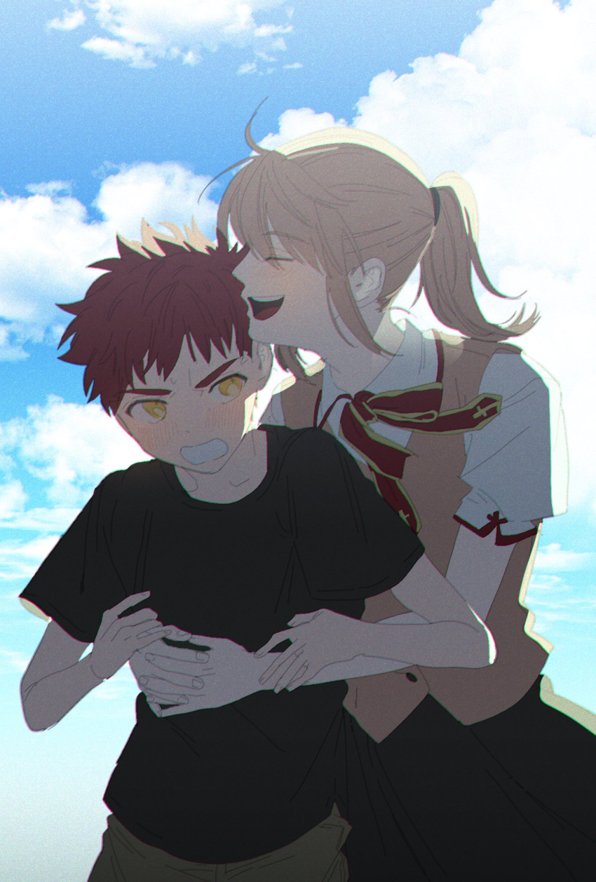 1boy, 1girl, black_skirt, blonde_hair, blue_sky, blush, closed_eyes, clouds