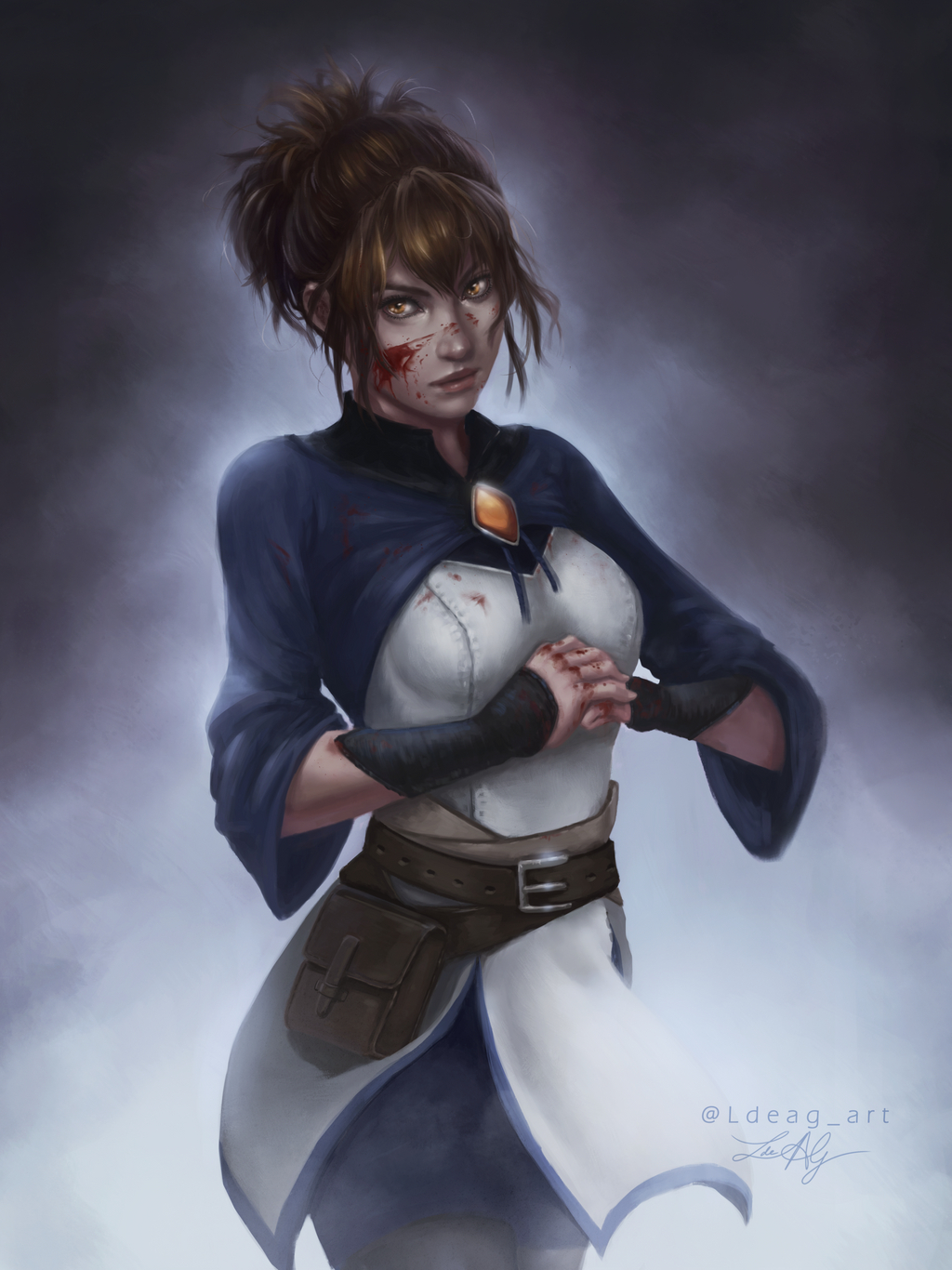 1girl, artist_name, bangs, belt, blood, blood_on_clothes, blood_on_face, blood_on_hands