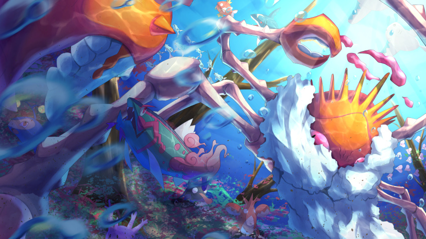 absurdres, air_bubble, basculegion, blurry, bubble, commentary_request, corphish, corsola, fish, gigantamax, gigantamax_kingler, highres, kingler, lanturn, looking_up, luvdisc, magikarp, no_humans, pink_eyes, pokemon, pokemon_(creature), remoraid, ririri_(user_rkrv7838), sharpedo, underwater