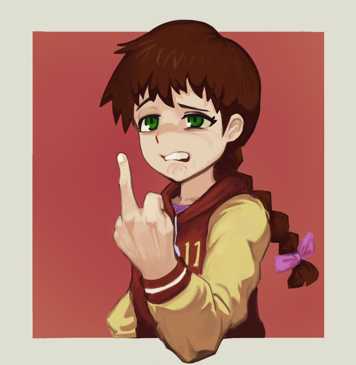 1girl, biting, border, bow, braid, brown_hair, deent_(30390450), english_commentary