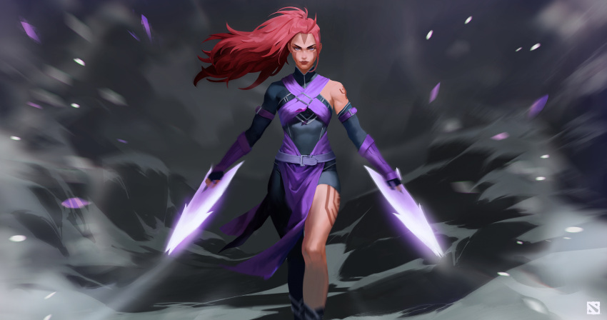1girl, absurdres, anti-mage, arm_tattoo, bangs, black_bodysuit, blue_eyes, bodysuit