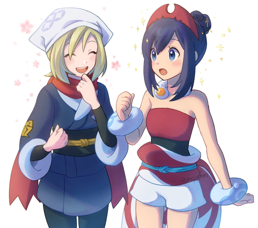 2girls, akari_(pokemon), akari_(pokemon)_(cosplay), bangs, black_hair, black_sash, black_shirt, blonde_hair, blue_eyes, bracelet, clenched_hand, commentary_request, cosplay, costume_switch, eyelashes, grey_jacket, grey_skirt, hair_bun, hairband, hand_up, head_scarf, highres, irida_(pokemon), irida_(pokemon)_(cosplay), jacket, jewelry, multiple_girls, open_mouth, pantyhose, pokemon, pokemon_(game), pokemon_legends:_arceus, punico_(punico_poke), red_hairband, red_scarf, red_shirt, sash, scarf, shirt, shorts, skirt, sparkle, strapless, strapless_shirt, tongue, twitter_username, white_headwear, white_shorts