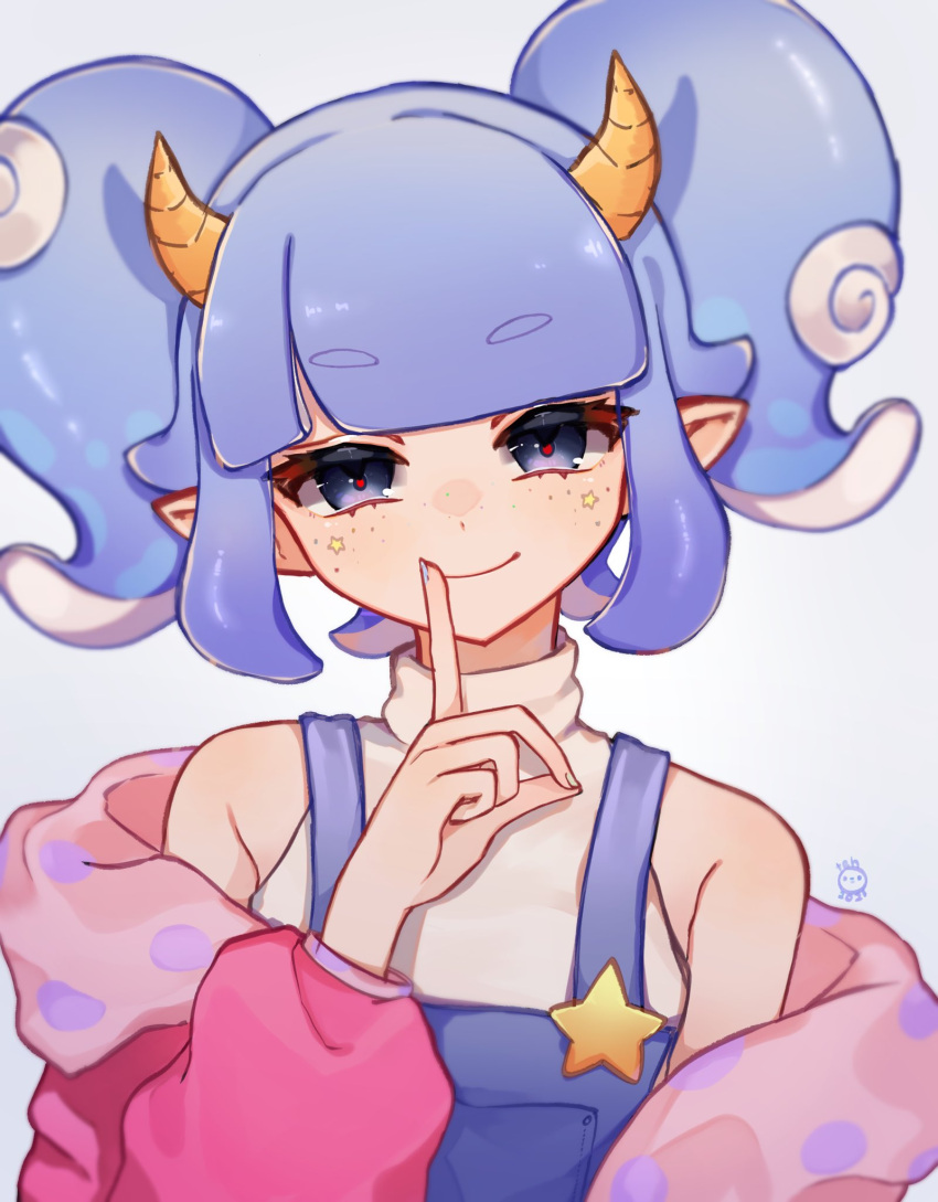 1girl, blue_eyes, blue_hair, finger_to_mouth, freckles, hackerling, highres, horns