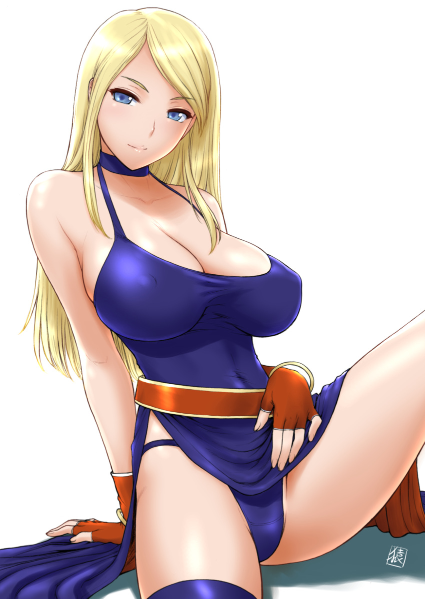 1girl, arm_support, bangs, bare_shoulders, belt, blonde_hair, blue_dress, blue_eyes, blue_panties, bracelet, breasts, closed_mouth, collarbone, commentary_request, covered_nipples, dress, eyebrows_visible_through_hair, fatal_fury, fingerless_gloves, fingernails, gloves, highres, jenet_behrn, jewelry, large_breasts, lips, long_hair, looking_at_viewer, mark_of_the_wolves, panties, red_gloves, shiny, shiny_hair, shiny_skin, simple_background, sitting, smile, solo, st.germain-sal, the_king_of_fighters, the_king_of_fighters_xv, thighs, underwear