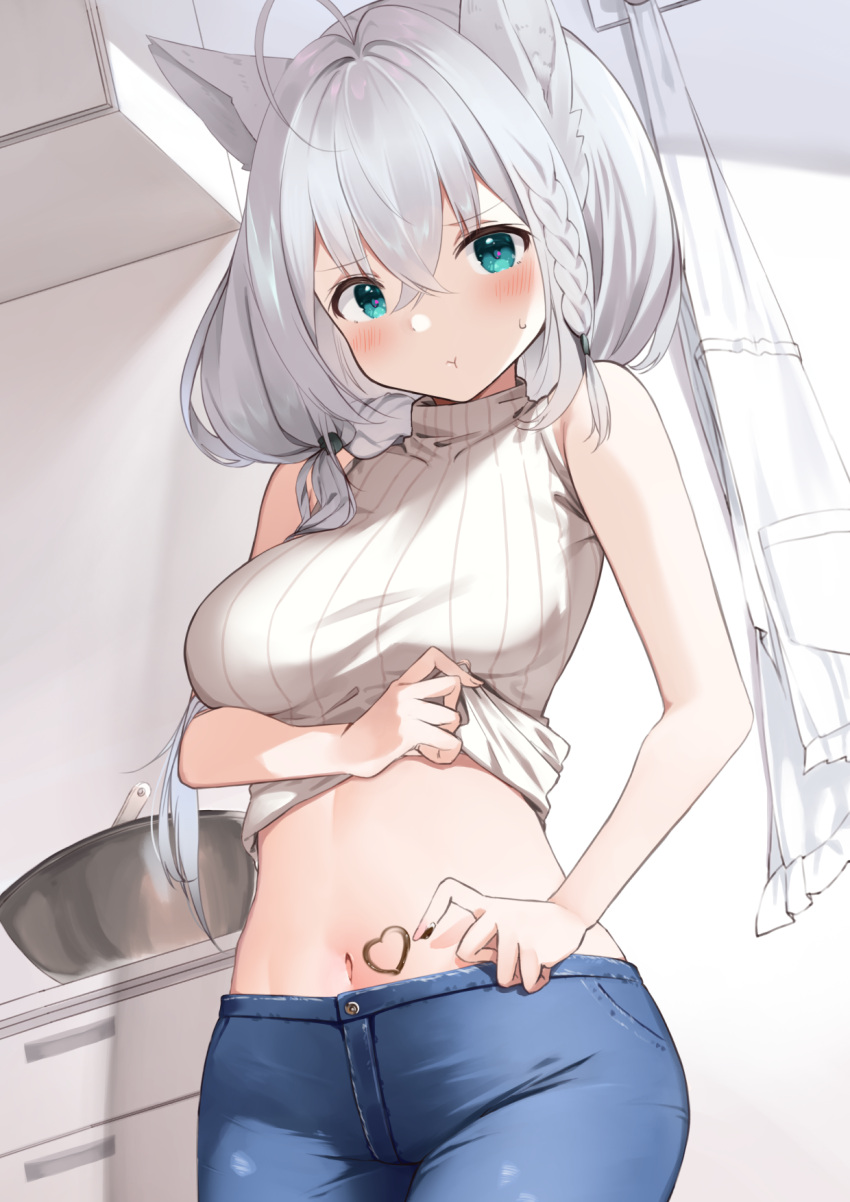 1girl, :t, ahoge, animal_ear_fluff, animal_ears, aqua_eyes, bare_arms, bare_shoulders